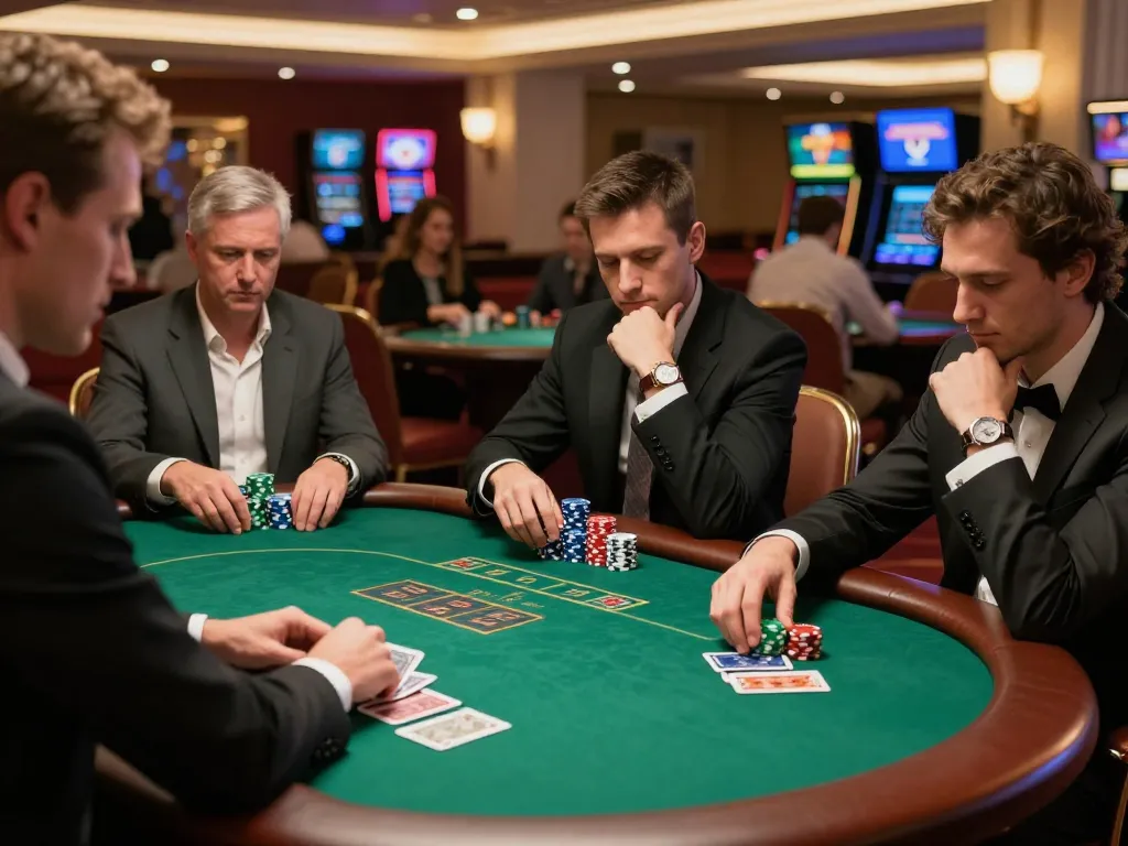 Players enjoy an exciting Go8 poker game at a luxury casino, with attentive dealer and warm ambiance.