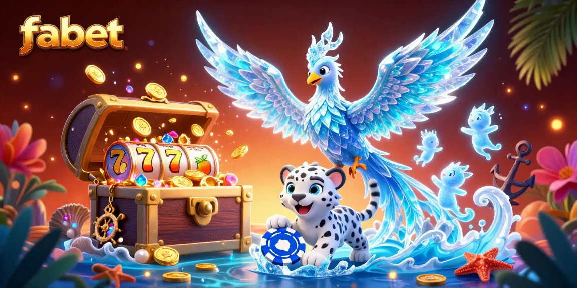 Fabet players engaging with an ultra-detailed casino scene featuring a colorful ice phoenix and slot games.