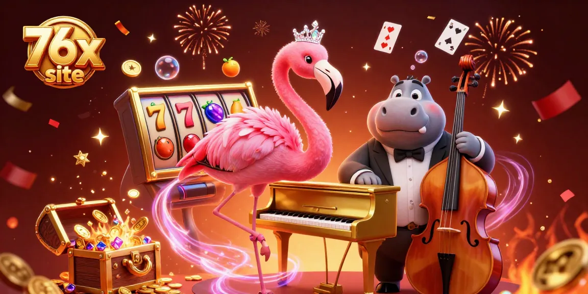 Experience the excitement of the 76x site with vibrant casino characters and game elements.