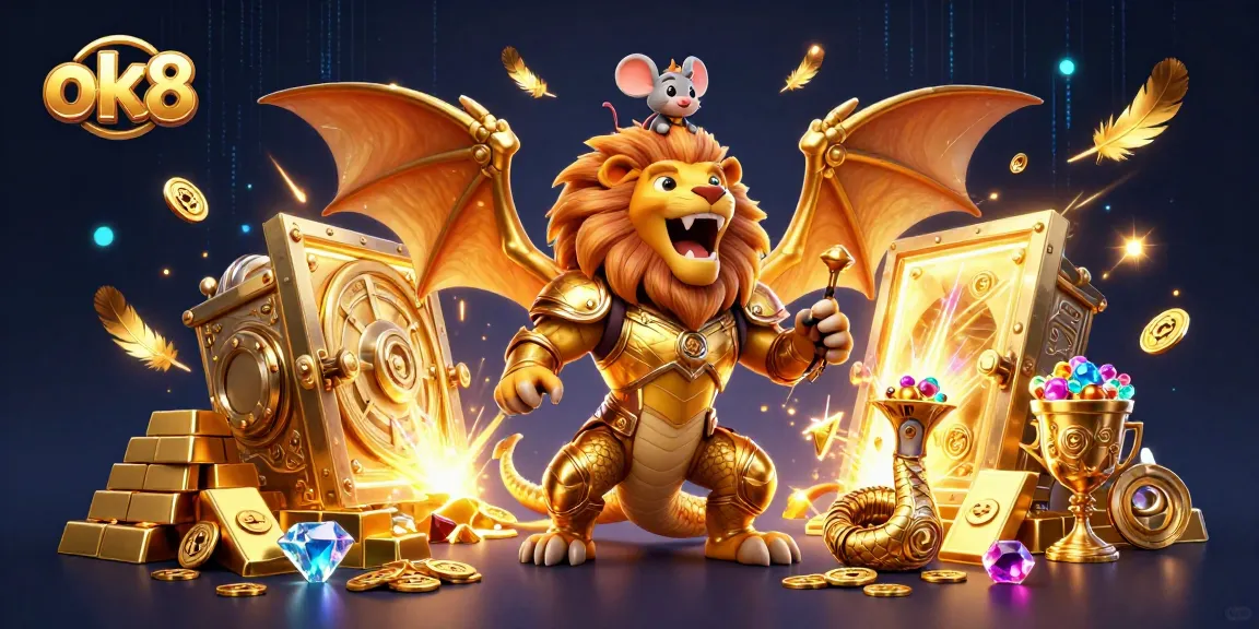 Win big with ok8's roaring chimera and treasures in a vibrant casino scene.