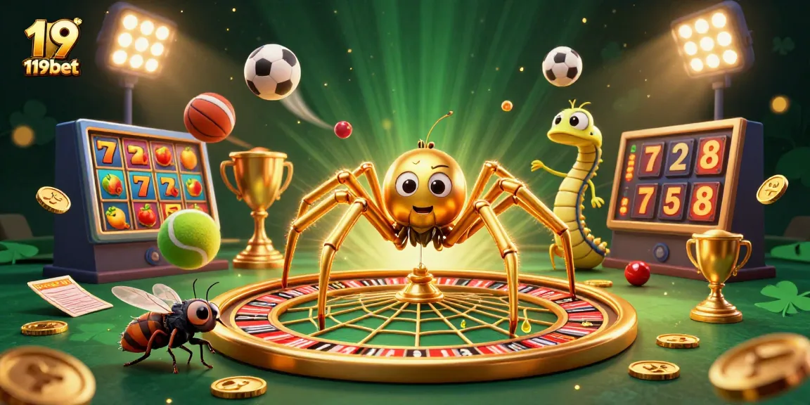 Engage with exciting games at 119bet, featuring slot reels, sports elements, and a vibrant casino atmosphere.