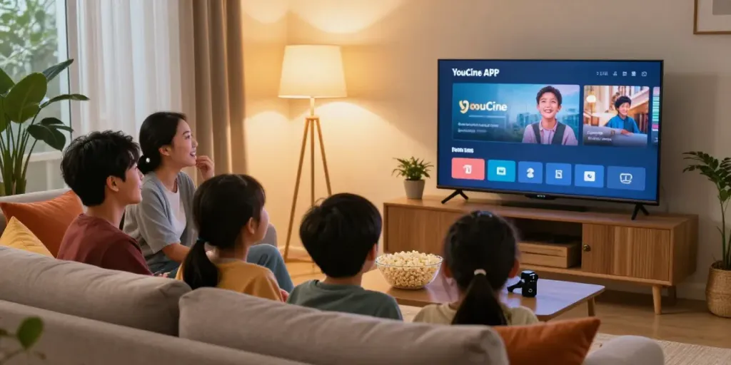 Família assistindo ao Youcine APK para TV em uma sala de estar aconchegante.