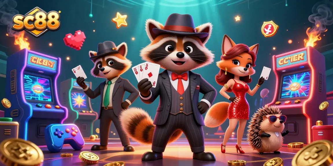 Experience the excitement of sc88 as a suave raccoon plays cards, surrounded by dynamic casino elements.