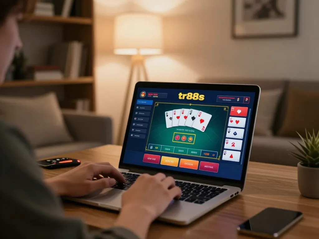 Player engaging in strategic poker gameplay on tr88s platform with laptop, vibrant interface, and cozy home atmosphere.