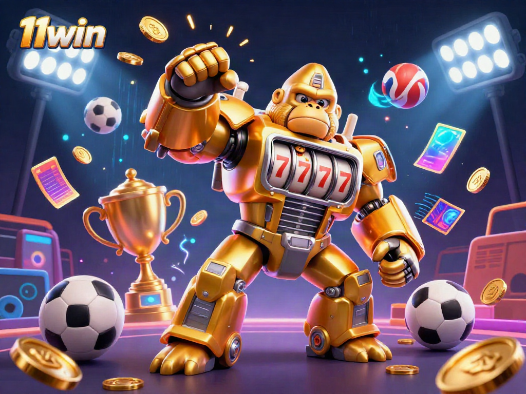 Experience the excitement of 11win with dynamic gaming elements and a standout golden gorilla mech.