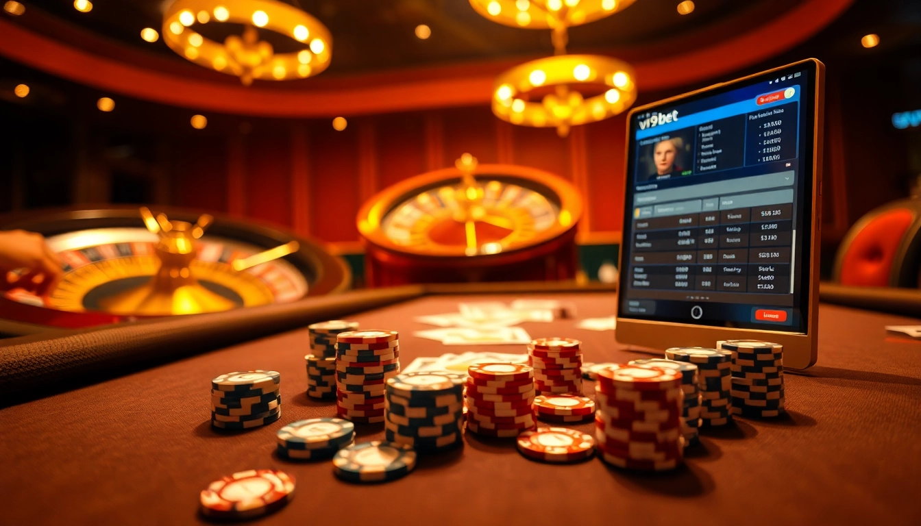 Experience the thrill of v9 bet with a luxurious casino scene featuring poker tables and roulette.