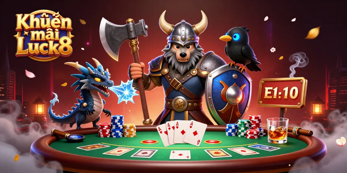 Engage in thrilling action with Khuyến mãi Luck8 promotions featuring a dynamic Viking warrior and exciting poker elements.