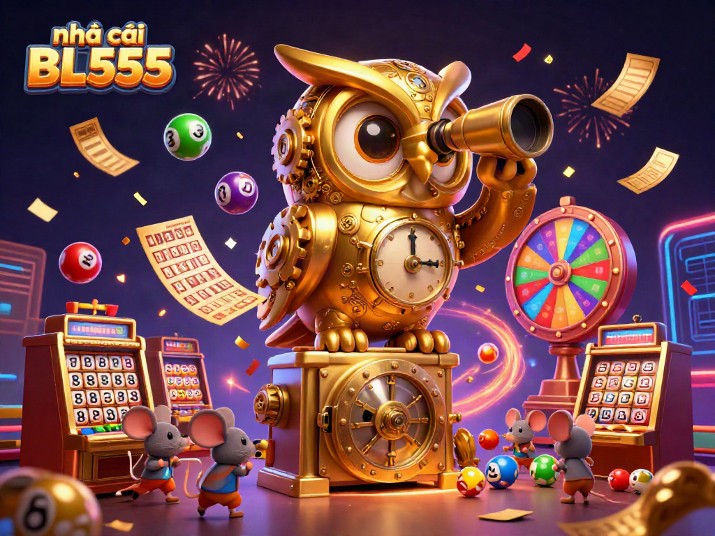 Engaging illustration showcasing nhà cái BL555's vibrant casino atmosphere with a golden owl and wind-up mouse patrons.