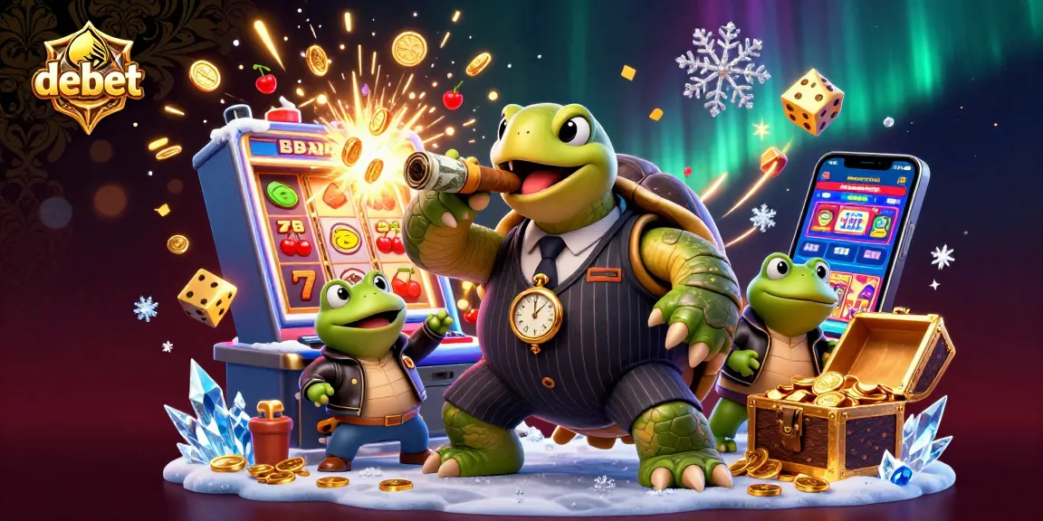 Spin the debet slot machine showcasing a turtle mobster surrounded by jackpots and casino excitement.