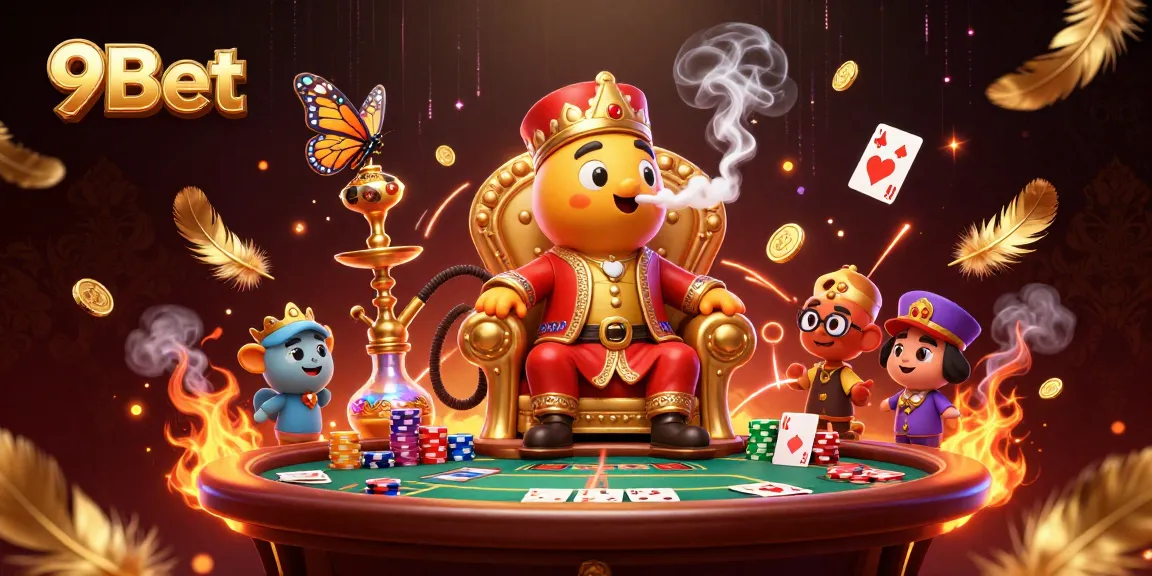 Enjoy thrilling poker action with 9Bet as a caterpillar hookah-master entertains, amid vibrant casino elements.