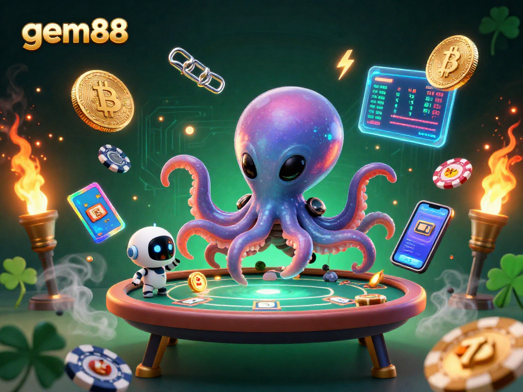 Experience gaming action at gem88 with a lively octopus and robot at a holographic poker table.