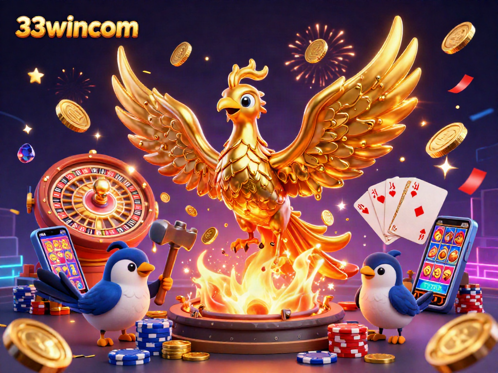 Experience thrilling slots with 33wincom's golden phoenix and vibrant casino elements in this rich 3D illustration.