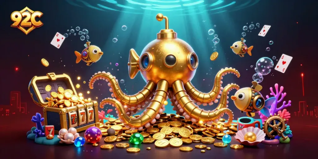 Experience the thrilling 92CC slot adventure with golden kraken amidst vibrant casino treasures.