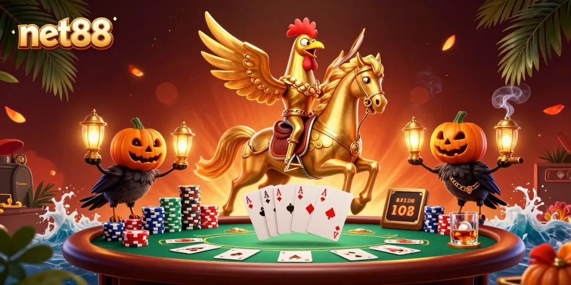 Play exciting casino games with net88's vibrant and dynamic 3D illustration showcasing thrilling poker action.