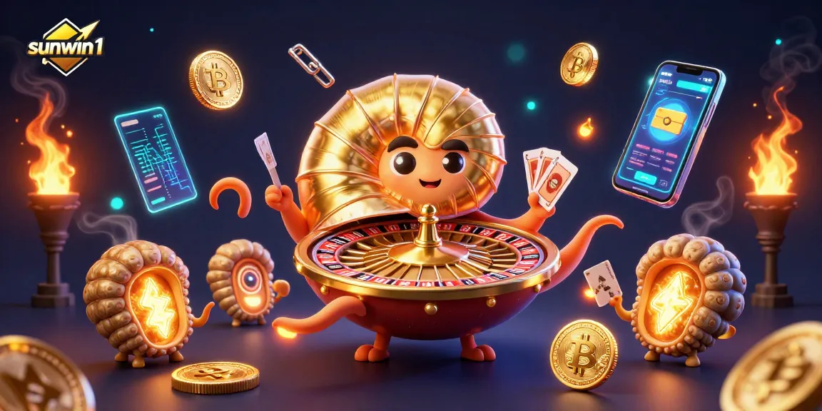 Engage with sunwin1 in a vibrant casino scene featuring crypto elements and a unique nautilus character.