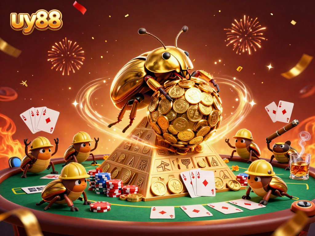 uy88 showcases a vibrant 3D scene with golden beetles rolling coins amidst casino elements.
