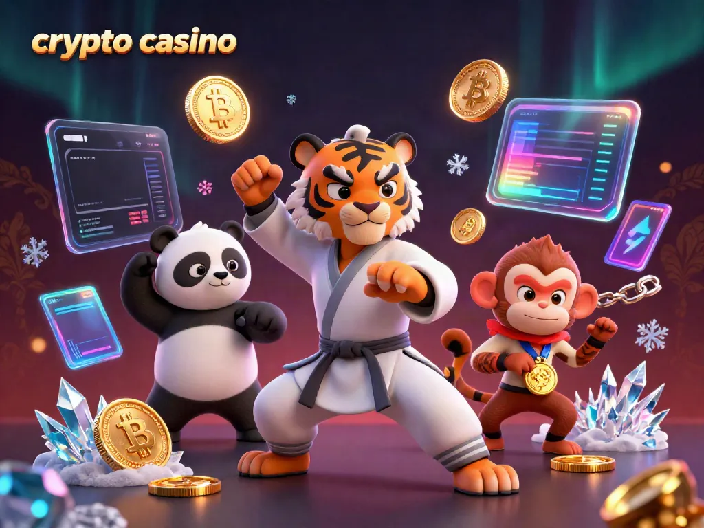 Engage in a vibrant crypto casino scene with a kung fu tiger master and friends, showcasing fun and excitement.