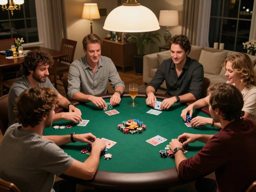 Engaged players enjoying Texas Hold'em at home game night on https://uu88.blog/ with cards and chips visible.