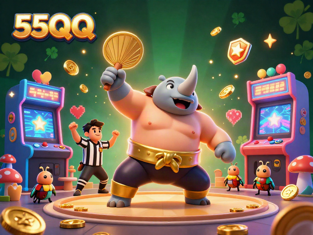 Experience thrilling fun with 55QQ, featuring a dynamic 3D scene of gambling excitement and gold coins flying.