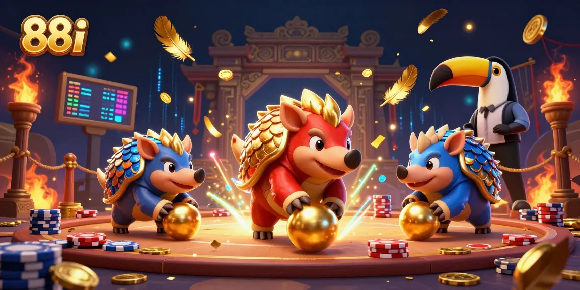Experience the thrill of 88i with rival pangolins bowling through poker chips in an illustrated casino showdown.