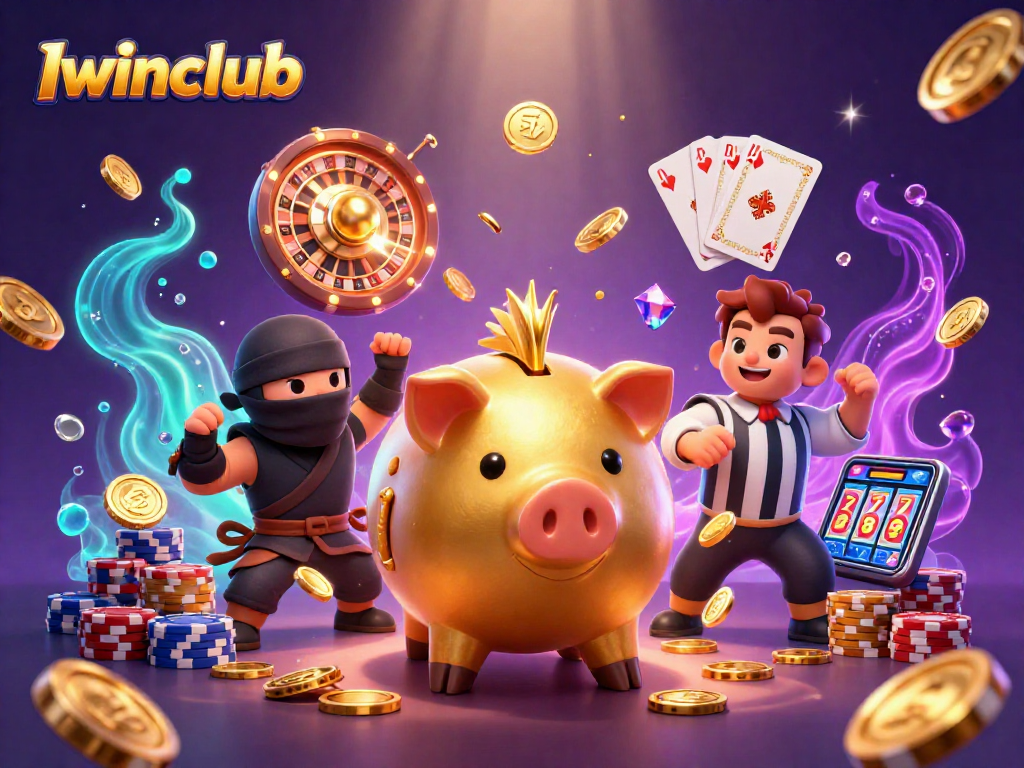 Iwinclub offers exciting casino gameplay featuring dynamic characters like a sumo wrestler, ninja, and referee surrounding various gambling elements.