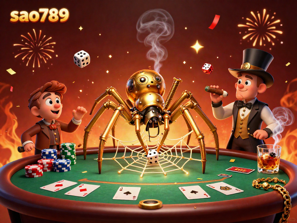 Catch the excitement of sao789 with a steampunk spider webbing together a vibrant casino atmosphere.