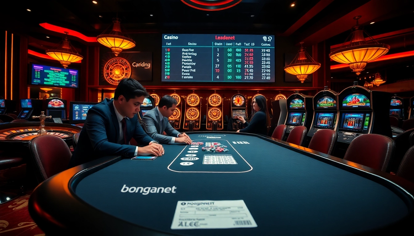 Engaging players at the Bongdanet poker table amidst a vibrant casino atmosphere.