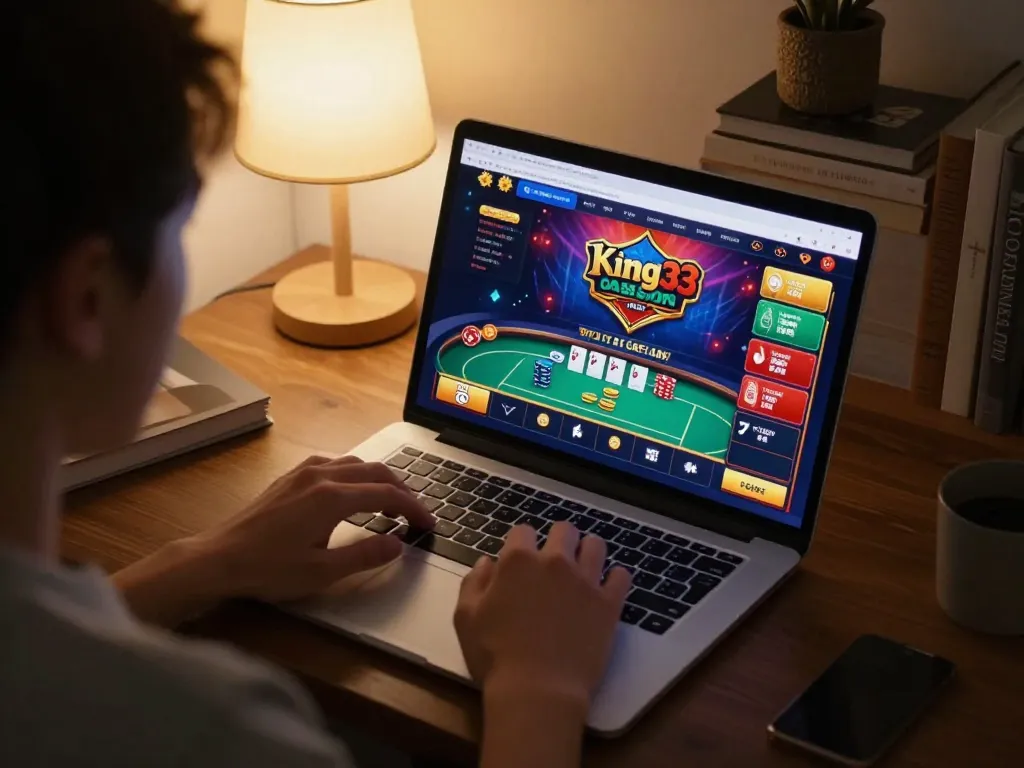 Player actively engaging with king33 online casino on laptop, showcasing vibrant gaming interface and warm home atmosphere.
