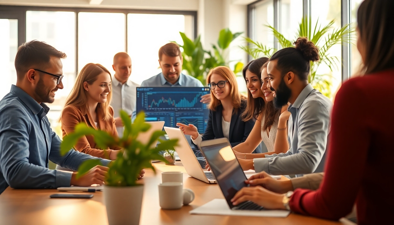 Engaged team collaborating on USA focused digital service solutions in a modern workspace.