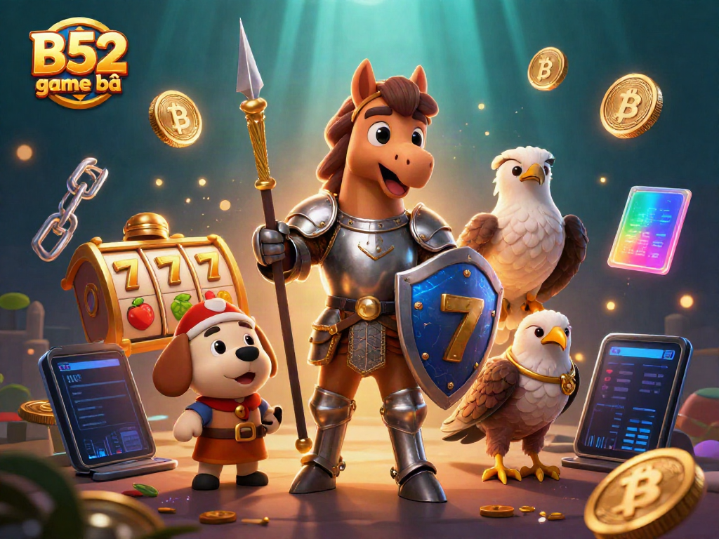 Experience the excitement of B52 game bài with knights, puppies, coins, and vibrant slot symbols.