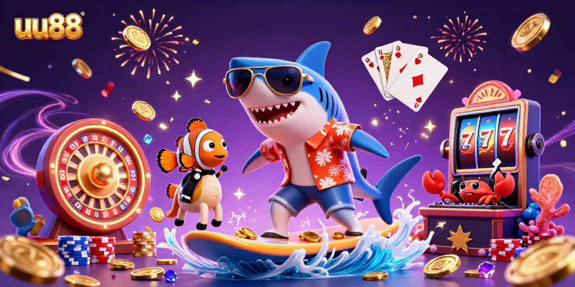 Engage in the thrill of uu88 with a vibrant 3D casino scene filled with cartoon characters and gold.