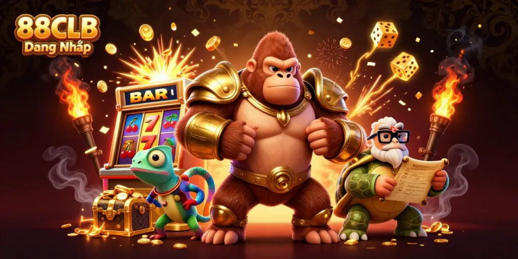 Experience the thrill of gambling with 88CLB Đăng Nhập as a golden gorilla king, chameleon, and tortoise play in a vibrant casino scene.