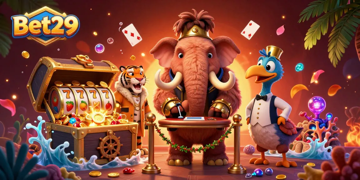 Engage in thrilling gaming at Bet29 with a vibrant casino scene featuring unique characters and exciting game elements.