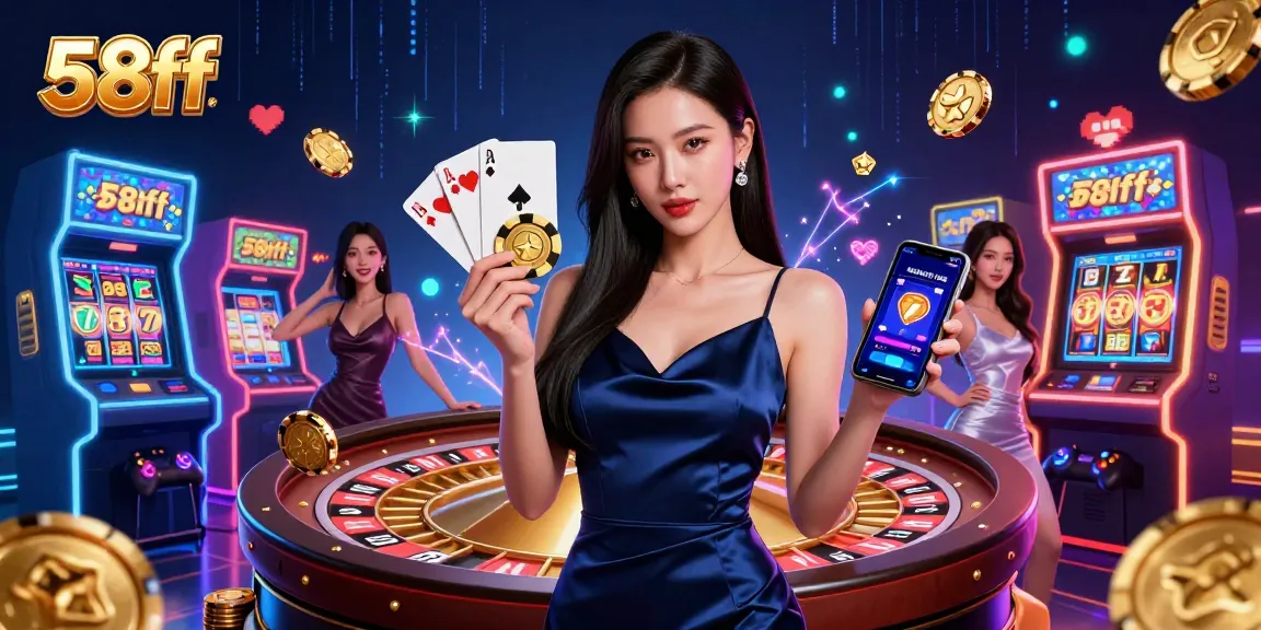 Engage with the excitement of 58ff, featuring a confident woman celebrating casino wins with game symbols.
