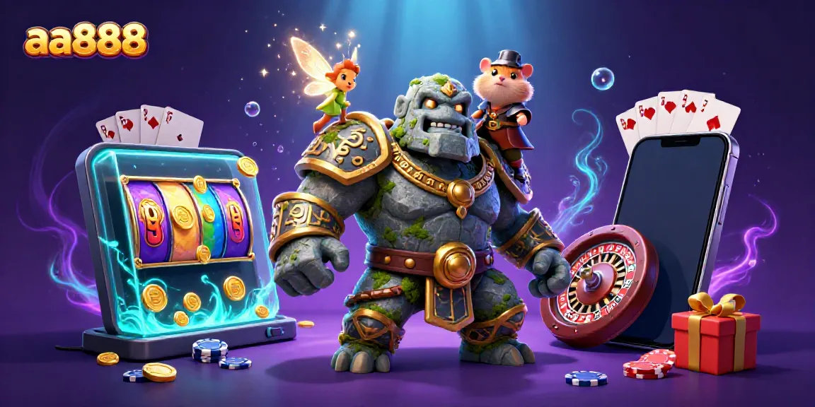 Experience thrilling gameplay with aa888, where a golem guardian, fairy, and hamster knight immerse in vibrant slot action.