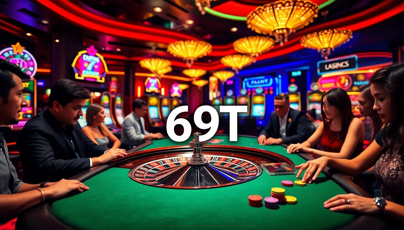 Ambiente de cassino empolgante com mesa de pôquer luxuosa e roleta, destacando elementos do 69T.