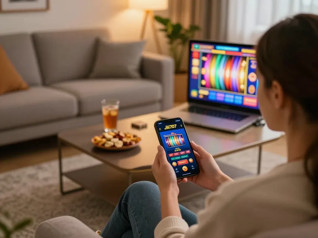 Play slots using the jili707 app Brazil with an engaging home gaming setup featuring snacks and drinks.