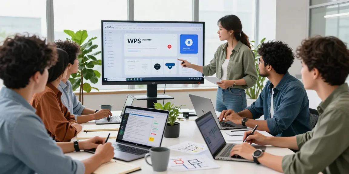 Strategic collaboration in a modern office with WPS Official Website software interfaces, highlighting teamwork and productivity.