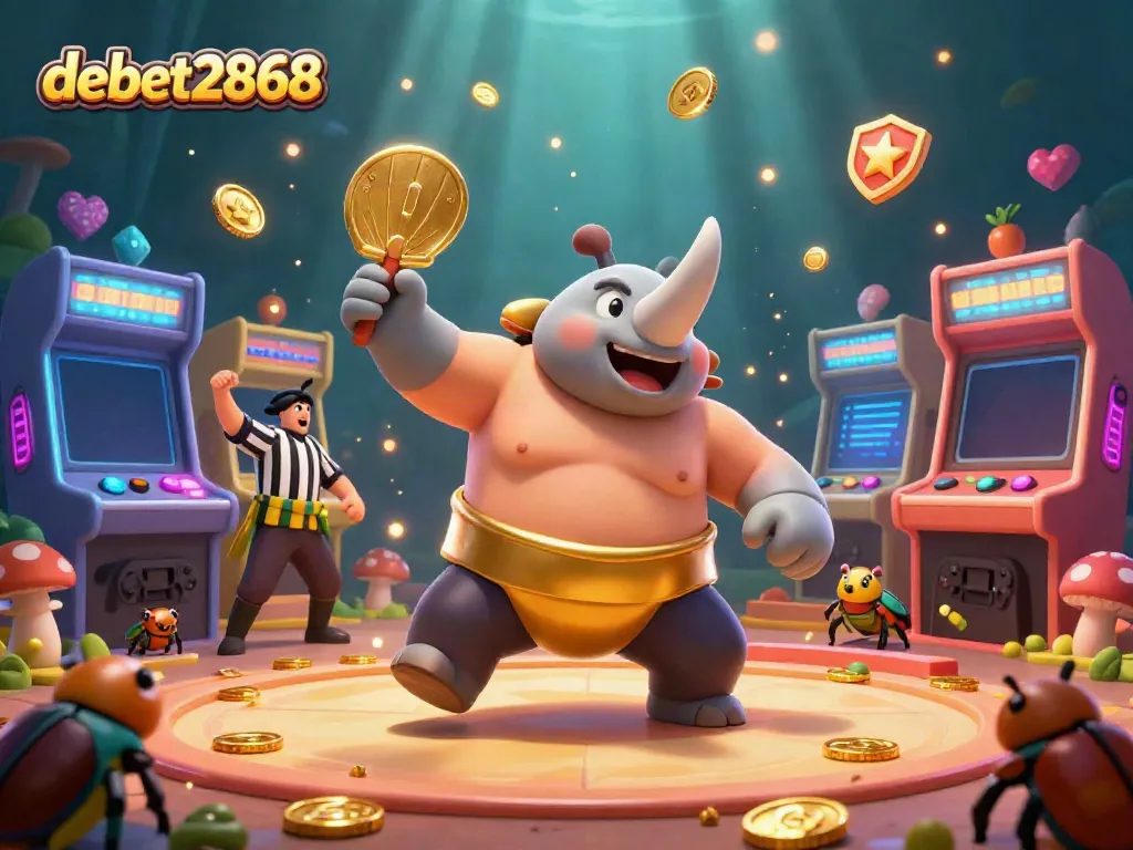 Experience the thrilling atmosphere at debet2868 with a vibrant, detailed illustration of a sumo beetle sending flying coins!