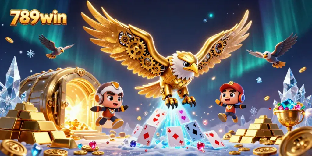 Experience the excitement of 789win with a golden eagle amidst casino treasures in action.