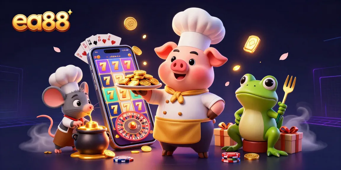 Experience thrilling casino games with ea88 as a lively chef pig serves gold coins amidst vibrant slot reels.