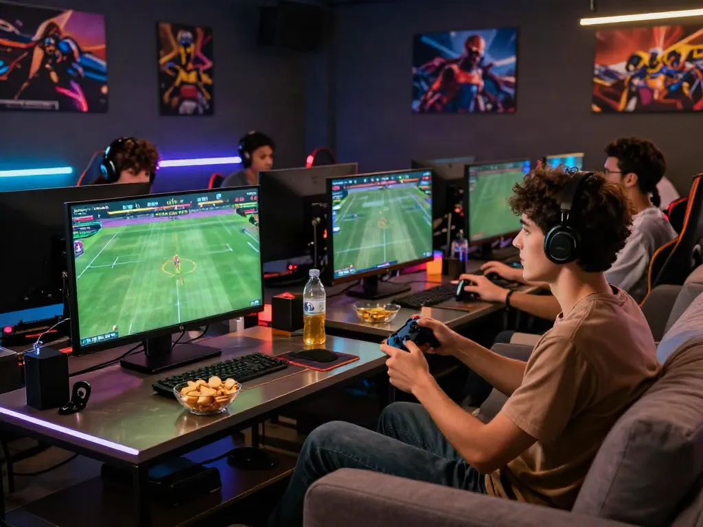 Group of friends enjoying online gaming at https://man88.hair/ with snacks and vibrant atmosphere.