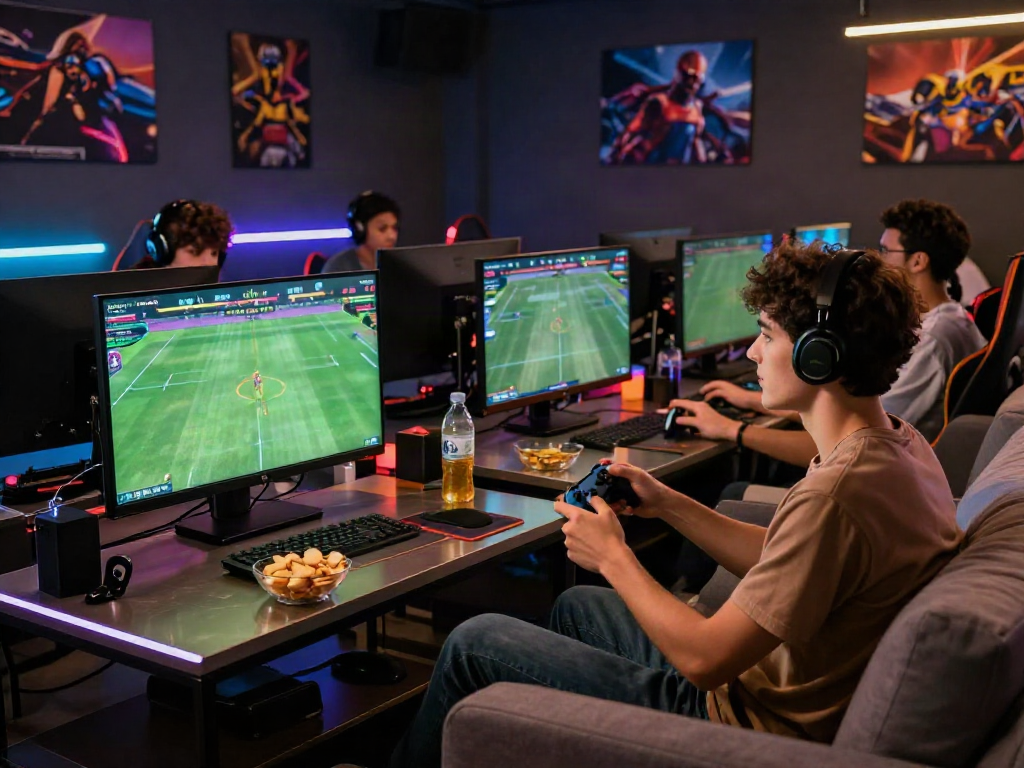Group of friends enjoying online gaming at https://man88.hair/ with snacks and vibrant atmosphere.
