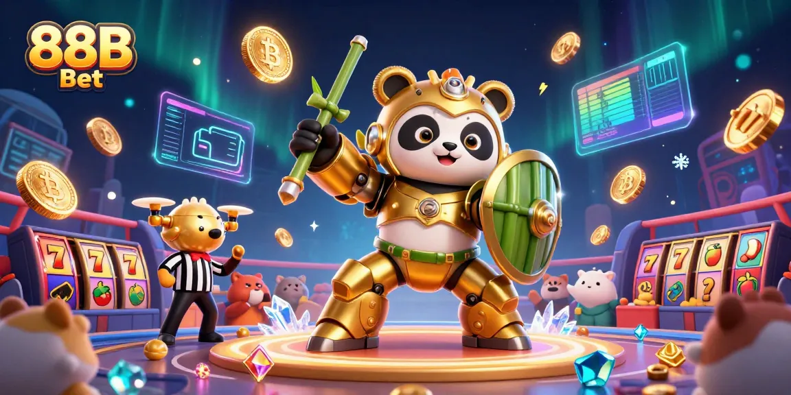 Experience the excitement of 88B Bet with a dynamic 3D illustration of a golden panda in a mech-suit amidst lively casino elements.