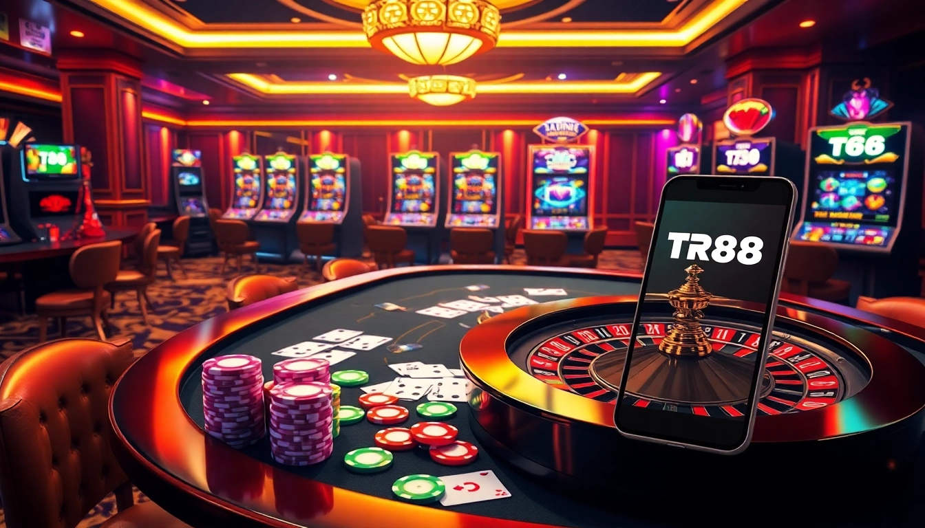 Experience the thrill of TR88 with a vibrant casino scene featuring poker chips and a roulette wheel.
