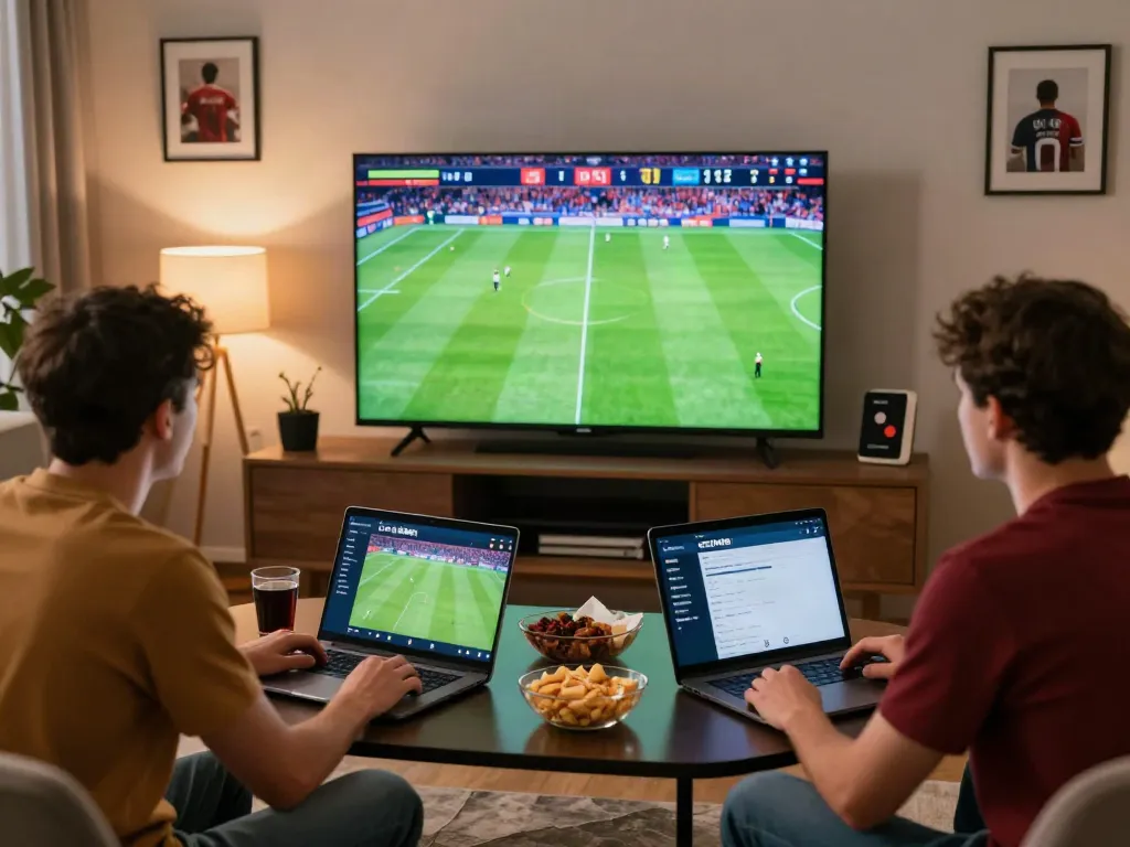 Friends enjoying sports betting on GEM88 while watching a live match.