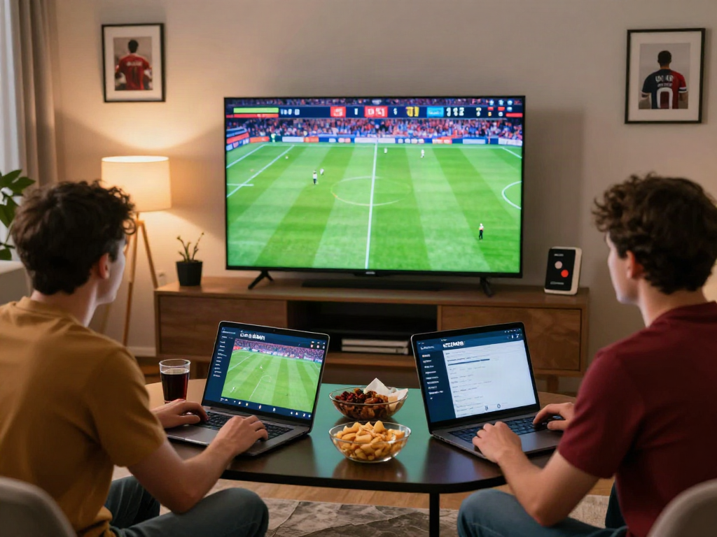 Friends enjoying sports betting on GEM88 while watching a live match.