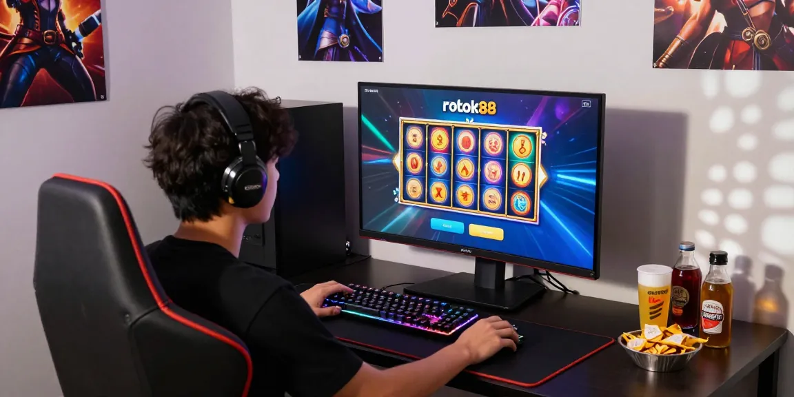 Player actively enjoying rokok88 slot login with vibrant graphics and gaming setup.
