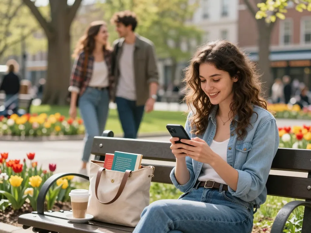 A young woman texting about a crush on a park bench surrounded by blooming flowers and cheerful spring ambiance.