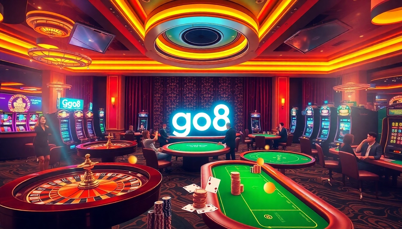A vibrant casino scene showcasing players enjoying games and celebrating wins, with go8 branding subtly included.